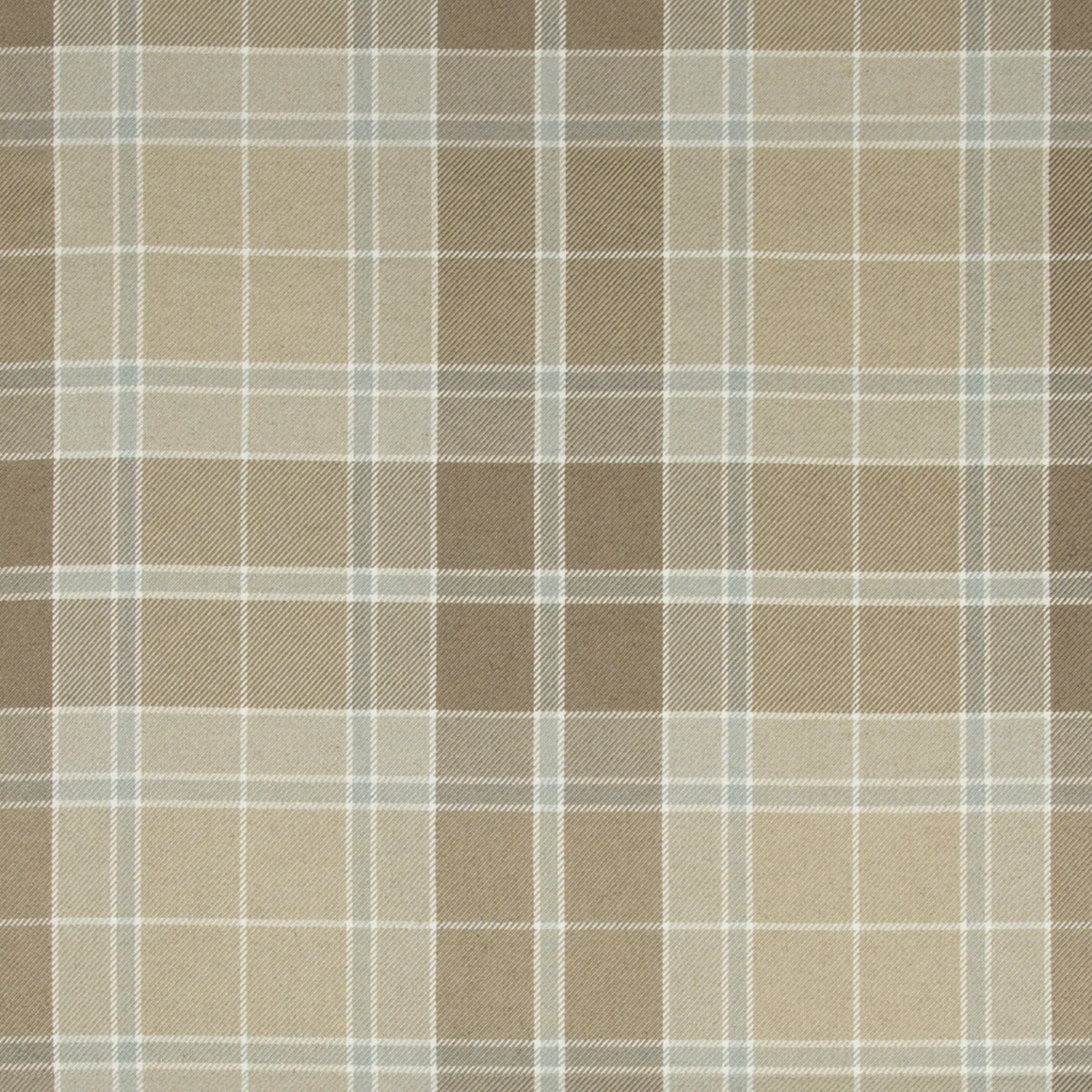 A close-up of a woven fabric with a classic plaid pattern in shades of beige, tan, and brown, separated by thin white lines.