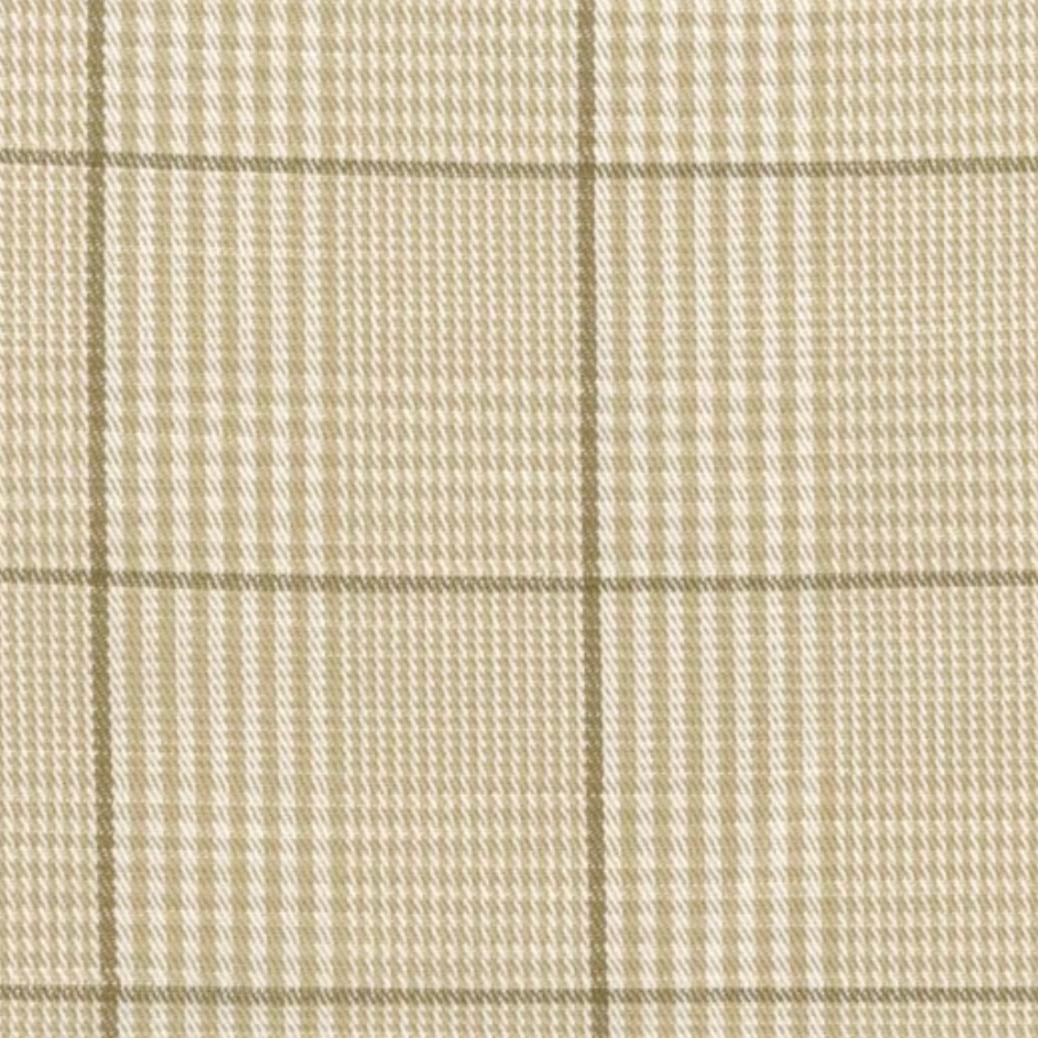 A close-up of a woven fabric pattern featuring a beige and off-white micro-check plaid with thin brown grid lines.