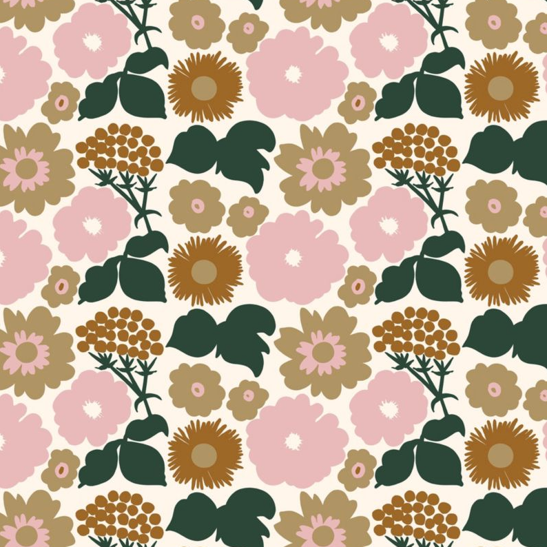 A repeating floral pattern featuring large pink flowers, tan and mustard yellow daisy-like blooms, and dark green leaves on a warm off-white background.