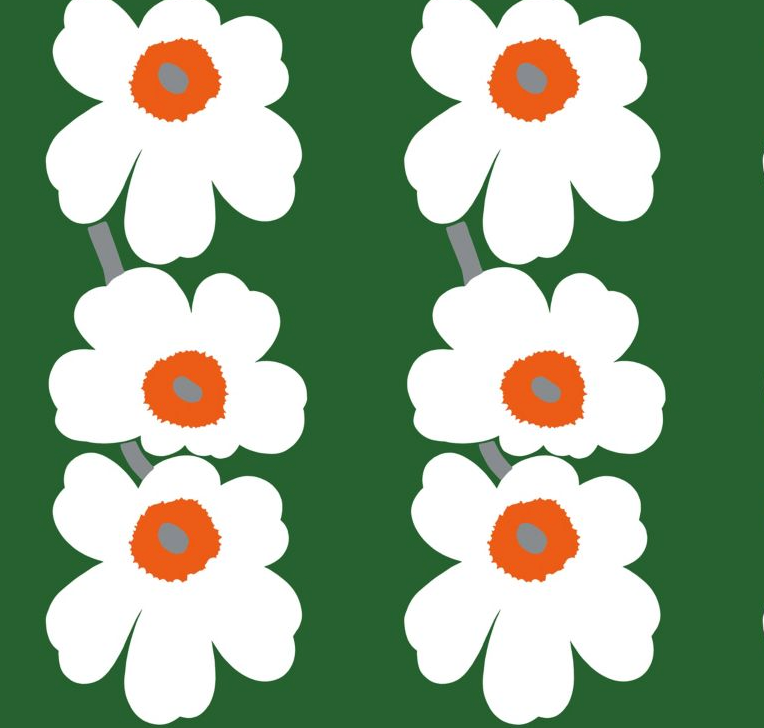 A repeating floral pattern featuring six white daisy-like flowers with orange centers and small gray accents, arranged on a solid dark green background.