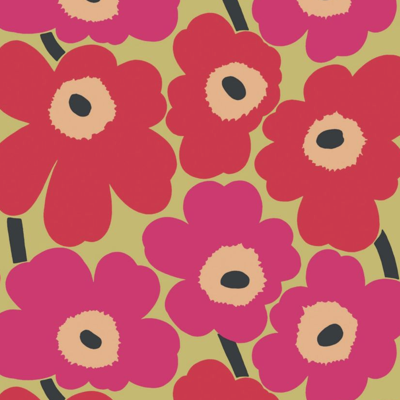 A repeating floral pattern with large pink and red flowers, cream centers, and dark green stems on a muted yellow-green background.