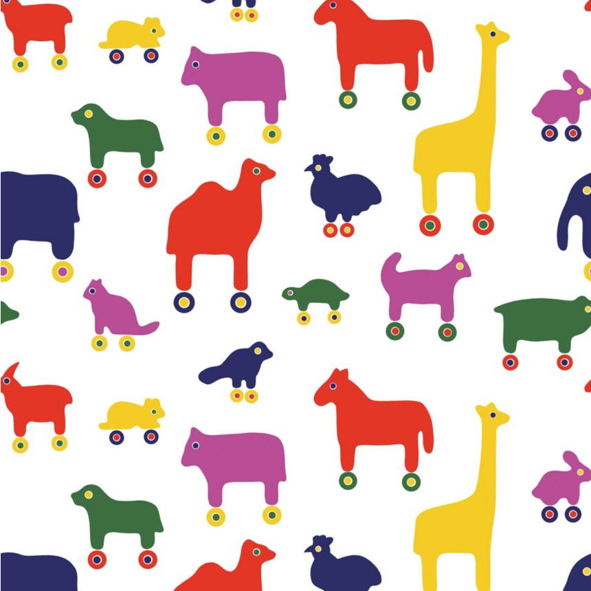 A colorful repeating pattern of stylized cartoon animals with wheels on a white background, including red, yellow, green, purple, blue, and orange figures.