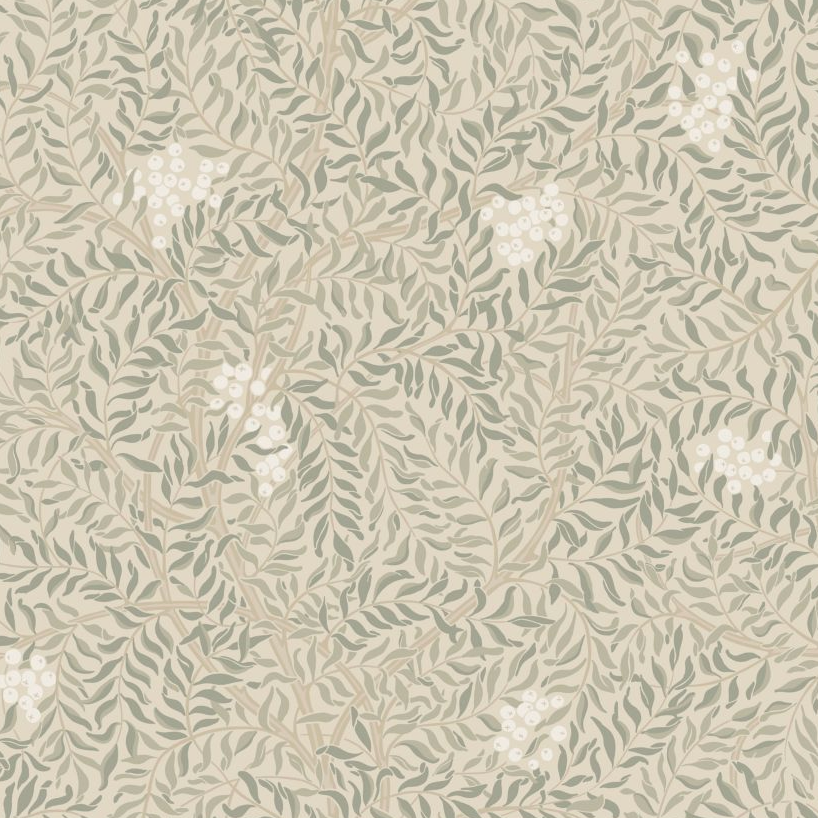 A repeating botanical pattern featuring blue-gray leaves and clusters of small brown berries on a warm beige background.