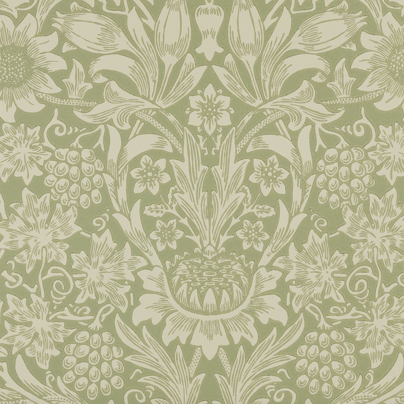 A repeating botanical damask pattern in muted sage green and off-white, featuring large flowers, leaves, and grape clusters.