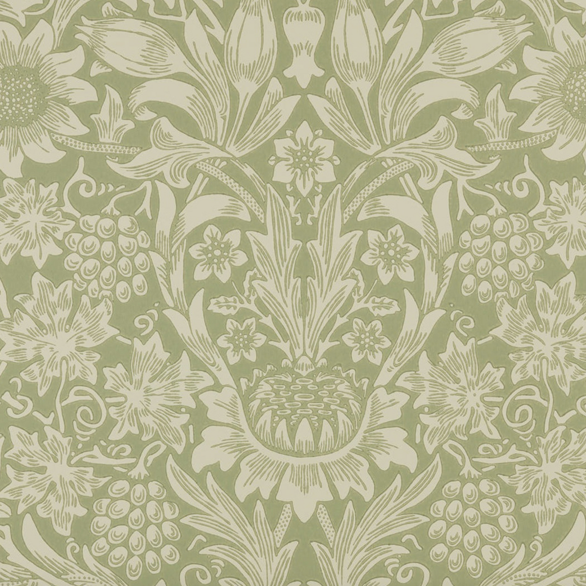 A repeating botanical damask pattern in muted sage green and off-white, featuring large flowers, leaves, and grape clusters.