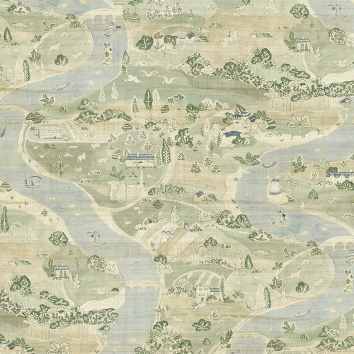 A close-up of a toile-style fabric pattern featuring a winding pale blue river through a landscape of muted green hills, trees, cottages, and small figures, on a warm beige ground.