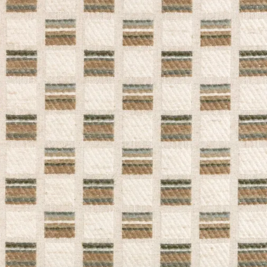 A close-up of a woven fabric or wallpaper pattern featuring a grid of small squares with alternating stripes in beige, brown, muted green, and off-white.