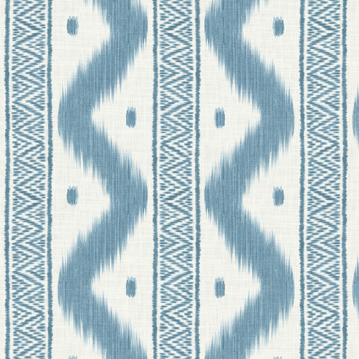 Blue and white ikat patterned fabric with vertical zigzag stripes, textured woven details, and small dotted accents.