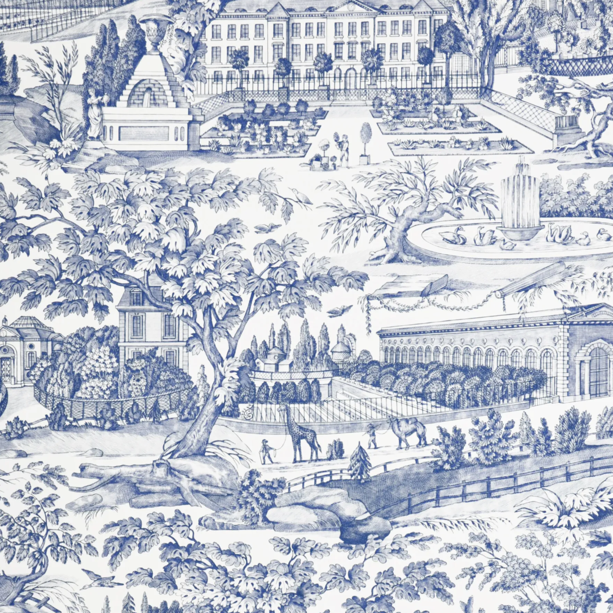Blue and white toile pattern featuring a detailed classical landscape with grand châteaux, trees, gardens, animals, and figures.