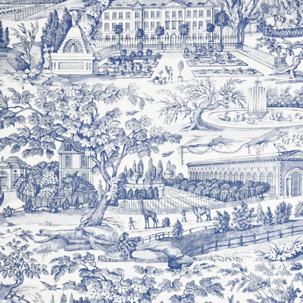 Blue and white toile pattern featuring a detailed classical landscape with grand châteaux, trees, gardens, animals, and figures.