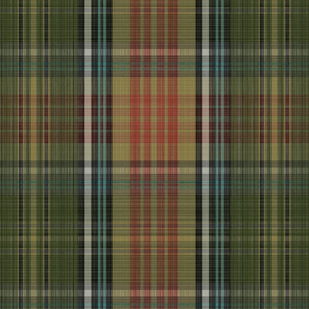 A close-up of a plaid fabric pattern with vertical and horizontal stripes in olive green, mustard yellow, red, black, white, and blue.