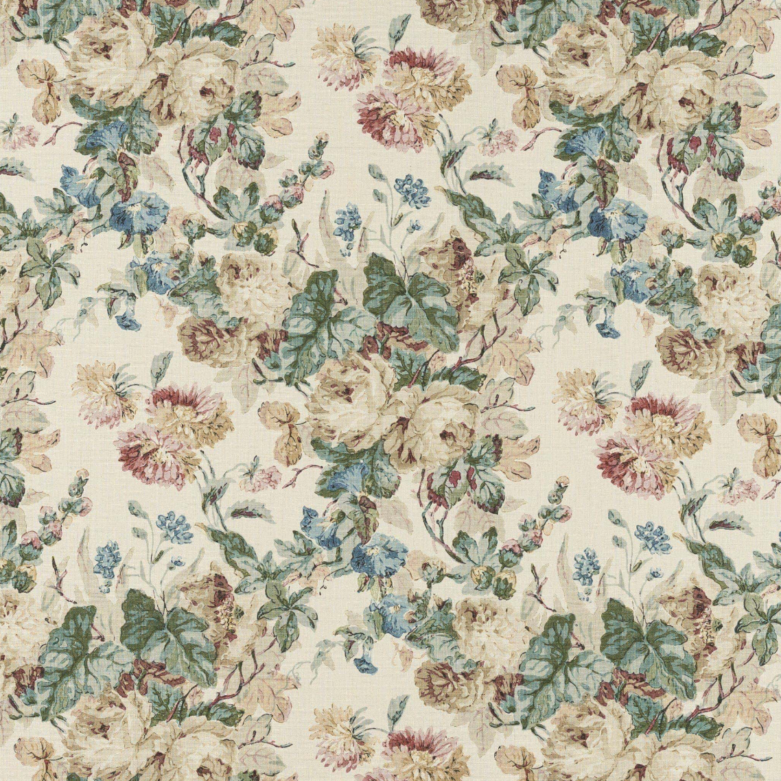 A repeating floral pattern on a light cream background, featuring muted green leaves, pale yellow roses, and soft blue blossoms.